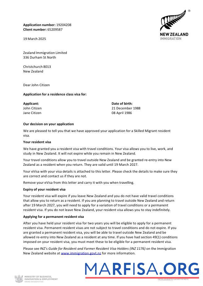 Blank New Zealand visa approval letter template in Word and Pdf formats